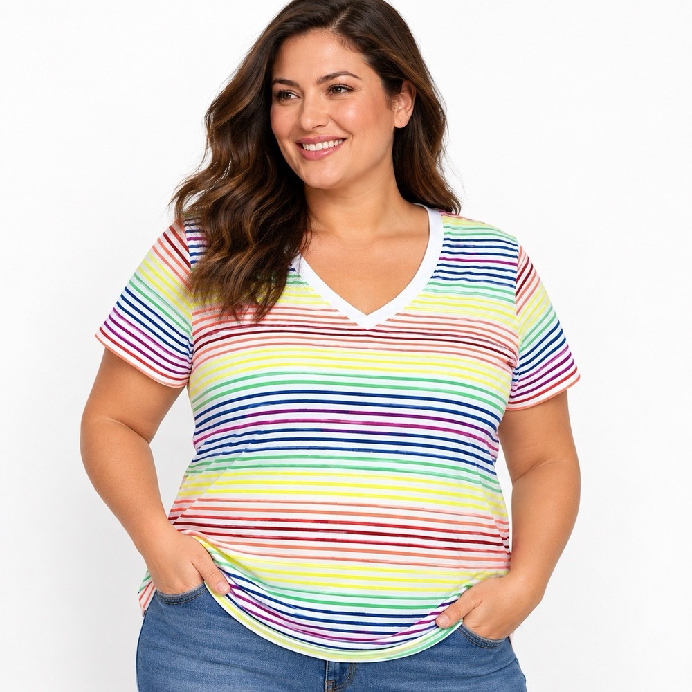 Lands End Womens 2X Rainbow Stripe V Neck T Shirt Short Sleeve Cotton Plus Size